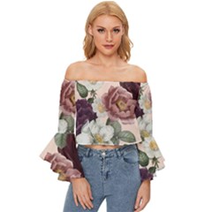 Roses Vintage Pattern Off Shoulder Flutter Bell Sleeve Top