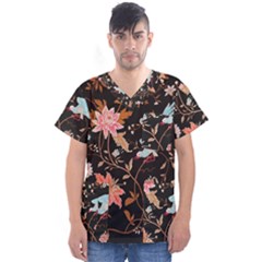 Vintage Floral Pattern Men s V-neck Scrub Top