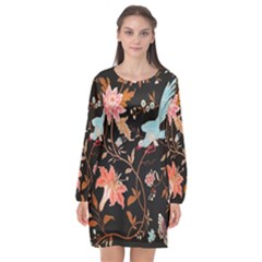 Vintage Floral Pattern Long Sleeve Chiffon Shift Dress 