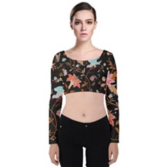 Vintage Floral Pattern Velvet Long Sleeve Crop Top