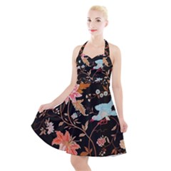 Vintage Floral Pattern Halter Party Swing Dress 