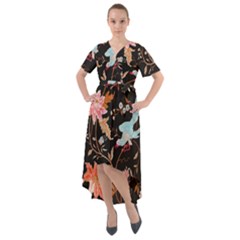 Vintage Floral Pattern Front Wrap High Low Dress