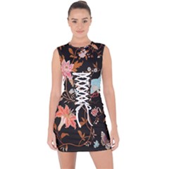 Vintage Floral Pattern Lace Up Front Bodycon Dress