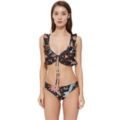 Vintage Floral Pattern Low Cut Ruffle Edge Bikini Set