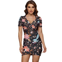 Vintage Floral Pattern Low Cut Cap Sleeve Mini Dress