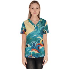 Waves Ocean Sea Abstract Whimsical (2) Women s V-neck Scrub Top by Jancukart