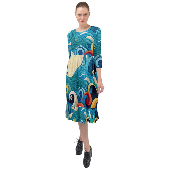 Waves Ocean Sea Abstract Whimsical (2) Ruffle End Midi Chiffon Dress