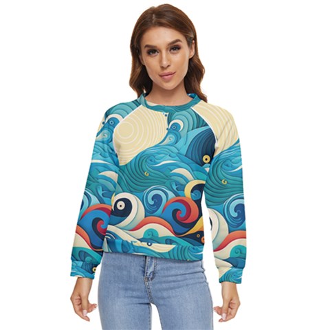 Waves Ocean Sea Abstract Whimsical (2) Women s Long Sleeve Raglan Tee by Jancukart