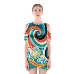 Wave Waves Ocean Sea Abstract Whimsical Shoulder Cutout One Piece Dress