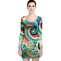 Wave Waves Ocean Sea Abstract Whimsical Long Sleeve Bodycon Dress by Jancukart