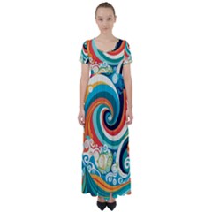 Wave Waves Ocean Sea Abstract Whimsical High Waist Short Sleeve Maxi Dress