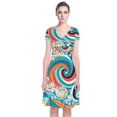 Wave Waves Ocean Sea Abstract Whimsical Short Sleeve Front Wrap Dress