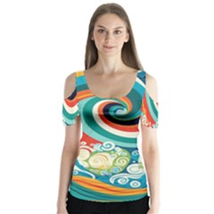 Wave Waves Ocean Sea Abstract Whimsical Butterfly Sleeve Cutout Tee 