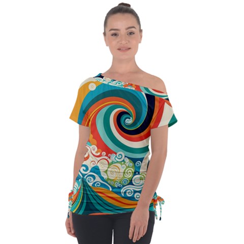 Wave Waves Ocean Sea Abstract Whimsical Off Shoulder Tie-up Tee by Jancukart