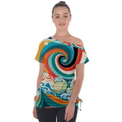 Wave Waves Ocean Sea Abstract Whimsical Off Shoulder Tie-up Tee