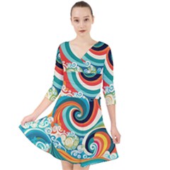 Wave Waves Ocean Sea Abstract Whimsical Quarter Sleeve Front Wrap Dress