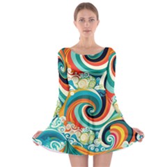 Wave Waves Ocean Sea Abstract Whimsical Long Sleeve Skater Dress