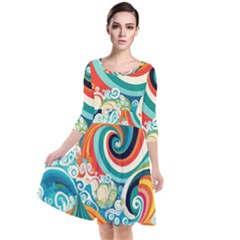 Wave Waves Ocean Sea Abstract Whimsical Quarter Sleeve Waist Band Dress