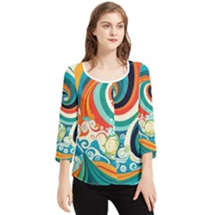 Wave Waves Ocean Sea Abstract Whimsical Chiffon Quarter Sleeve Blouse