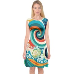 Wave Waves Ocean Sea Abstract Whimsical Capsleeve Midi Dress by Jancukart