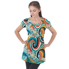 Wave Waves Ocean Sea Abstract Whimsical Puff Sleeve Tunic Top