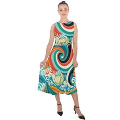 Wave Waves Ocean Sea Abstract Whimsical Midi Tie-back Chiffon Dress by Jancukart