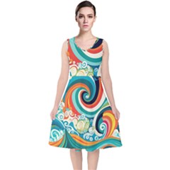 Wave Waves Ocean Sea Abstract Whimsical V-neck Midi Sleeveless Dress 