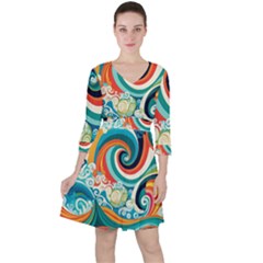 Wave Waves Ocean Sea Abstract Whimsical Quarter Sleeve Ruffle Waist Dress