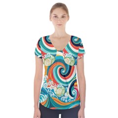 Wave Waves Ocean Sea Abstract Whimsical Short Sleeve Front Detail Top