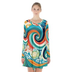 Wave Waves Ocean Sea Abstract Whimsical Long Sleeve Velvet V-neck Dress