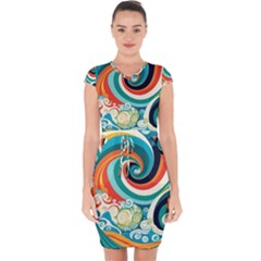 Wave Waves Ocean Sea Abstract Whimsical Capsleeve Drawstring Dress 