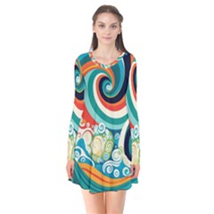 Wave Waves Ocean Sea Abstract Whimsical Long Sleeve V-neck Flare Dress