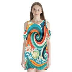 Wave Waves Ocean Sea Abstract Whimsical Shoulder Cutout Velvet One Piece