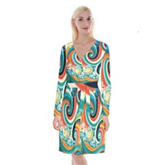 Wave Waves Ocean Sea Abstract Whimsical Long Sleeve Velvet Front Wrap Dress