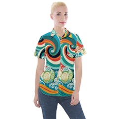 Wave Waves Ocean Sea Abstract Whimsical Women s Short Sleeve Pocket Shirt