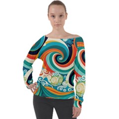 Wave Waves Ocean Sea Abstract Whimsical Off Shoulder Long Sleeve Velour Top by Jancukart