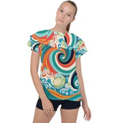 Wave Waves Ocean Sea Abstract Whimsical Ruffle Collar Chiffon Blouse