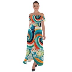 Wave Waves Ocean Sea Abstract Whimsical Off Shoulder Open Front Chiffon Dress