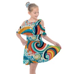 Wave Waves Ocean Sea Abstract Whimsical Kids  Shoulder Cutout Chiffon Dress