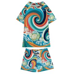 Wave Waves Ocean Sea Abstract Whimsical Kids  Swim Tee And Shorts Set