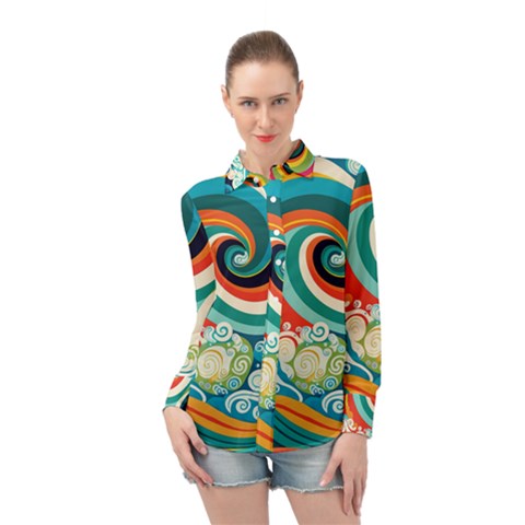 Wave Waves Ocean Sea Abstract Whimsical Long Sleeve Chiffon Shirt by Jancukart