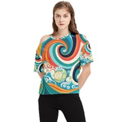 Wave Waves Ocean Sea Abstract Whimsical One Shoulder Cut Out Tee