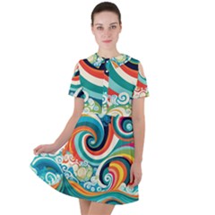 Wave Waves Ocean Sea Abstract Whimsical Short Sleeve Shoulder Cut Out Dress 