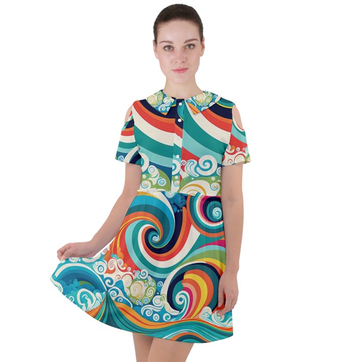 Wave Waves Ocean Sea Abstract Whimsical Short Sleeve Shoulder Cut Out Dress 