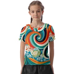 Wave Waves Ocean Sea Abstract Whimsical Kids  Frill Chiffon Blouse by Jancukart