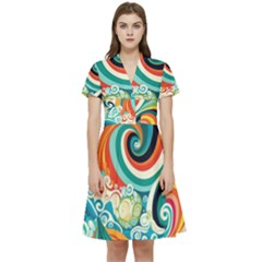 Wave Waves Ocean Sea Abstract Whimsical Short Sleeve Waist Detail Dress by Jancukart