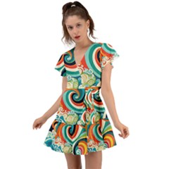 Wave Waves Ocean Sea Abstract Whimsical Flutter Sleeve Wrap Dress