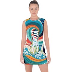 Wave Waves Ocean Sea Abstract Whimsical Lace Up Front Bodycon Dress