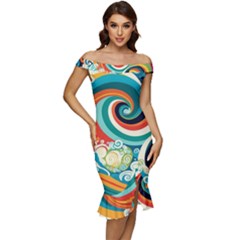 Wave Waves Ocean Sea Abstract Whimsical Off Shoulder Ruffle Split Hem Bodycon Dress