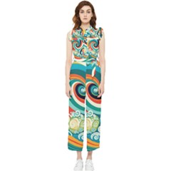 Wave Waves Ocean Sea Abstract Whimsical Women s Frill Top Chiffon Jumpsuit